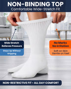 Special Essentials Diabetic Socks for Men & Women – 12 Pairs of Non-Binding Extra Wide Top Cotton Neuropathy Socks – Crew Length, White, 9-11
