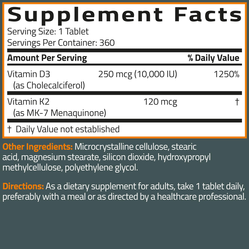 Bronson Vitamin K2 (MK7) with D3 Supplement Extra Strength 2 in 1 Support, 10,000 IU Vitamin D3 & 120 mcg K2 MK-7, 360 Tablets