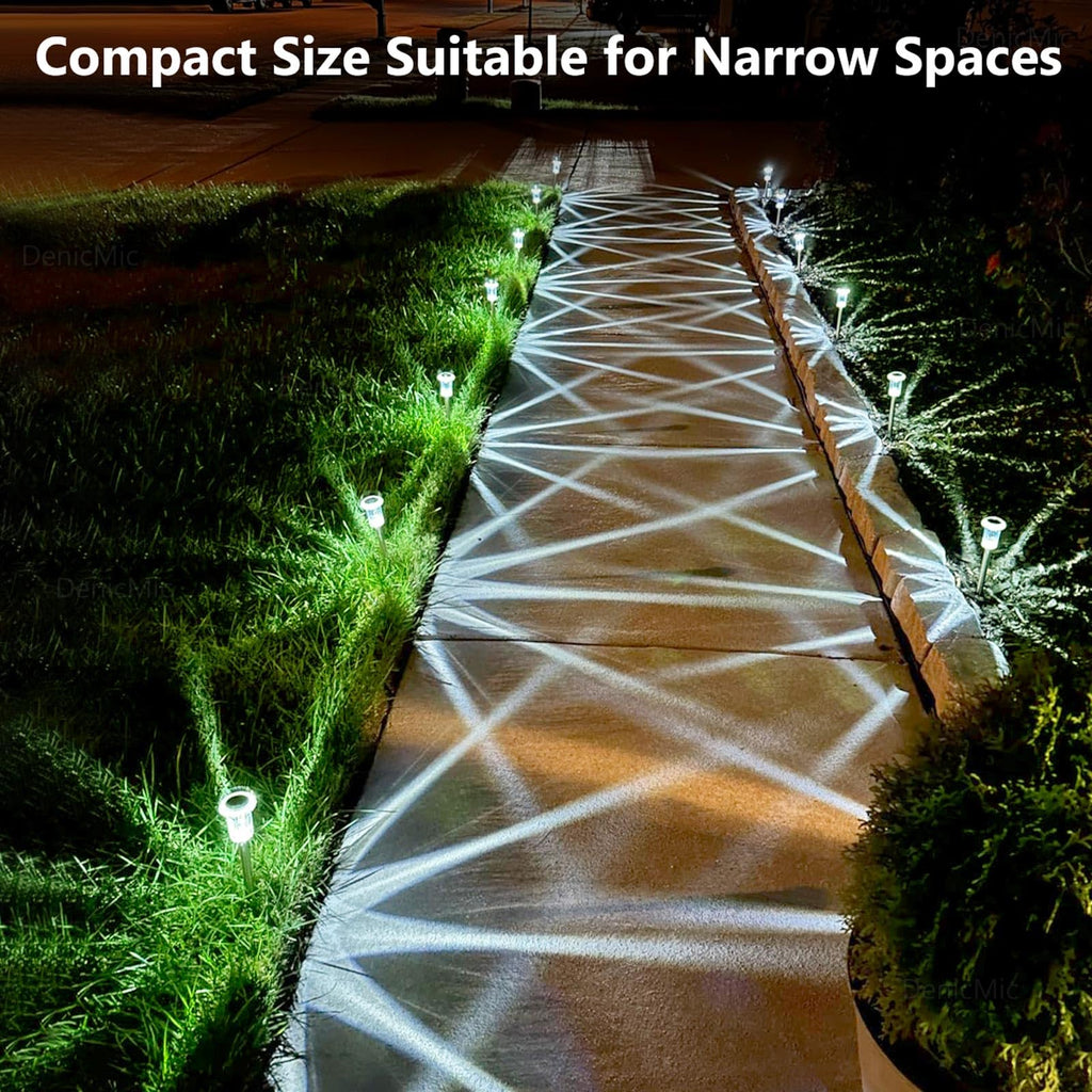 DenicMic Solar Lights Outdoor 10 Pack Waterproof 6000K Cold White LED Stainless Steel Stake for Pathway Yard Garden Driveway Solar Powered Outside Christmas Decor