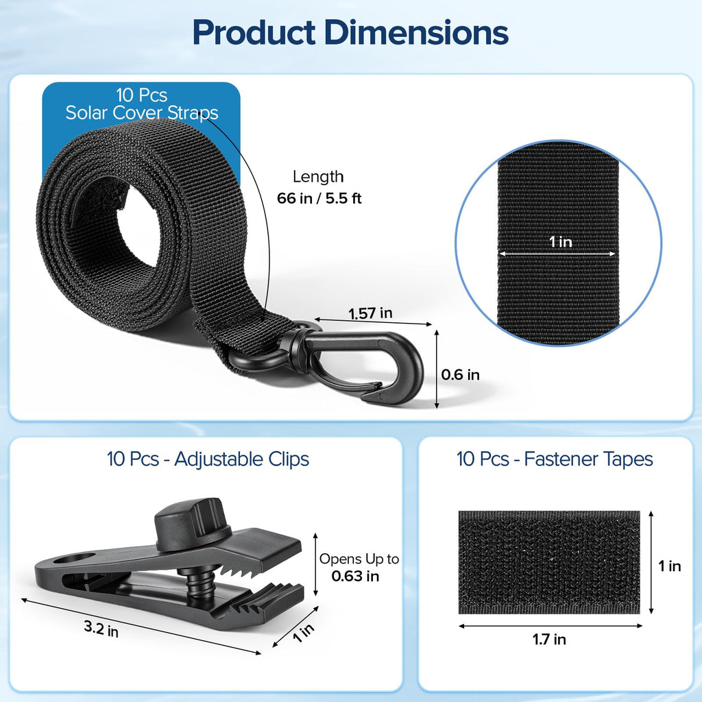 Canvino 10 Sets Pool Solar Cover Reel Attachment Kit, Solar Blanket Straps with Hooks, Clips & Fasteners for Inground & Above Ground Swimming Pool Reel Systems