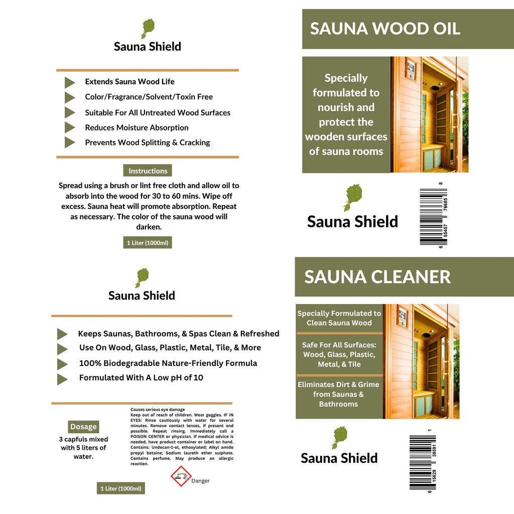 Sauna Shield Sauna Care Set – Sauna Wood Oil & Sauna Cleaner (33.8 fl oz each) with Applicator Sponge & Gloves | Protects, Cleans & Nourishes Sauna Wood | For Traditional & Infrared Saunas