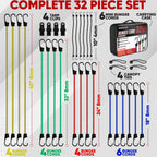 FORTEM Bungee Cord Assortment, 32pk Bungee Cords Multi Pack, Includes 10", 18", 24", 32", 40" Bungees and 8" Canopy/Tarp Ball Ties, Plastic Coated Metal Hooks