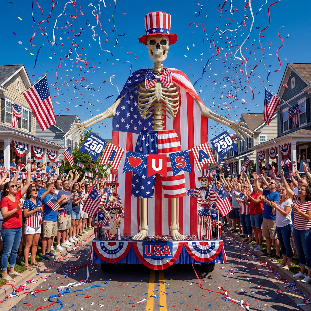 FODAHRWS 5Pcs 4th of July 12 Ft Patriotic Skeleton Clothes Set with Independence Day Hat Cape Shorts Bow Tie Banner Giant Skeleton Outfit for 250th Anniversary Celebration Yard Lawn Garden Decor