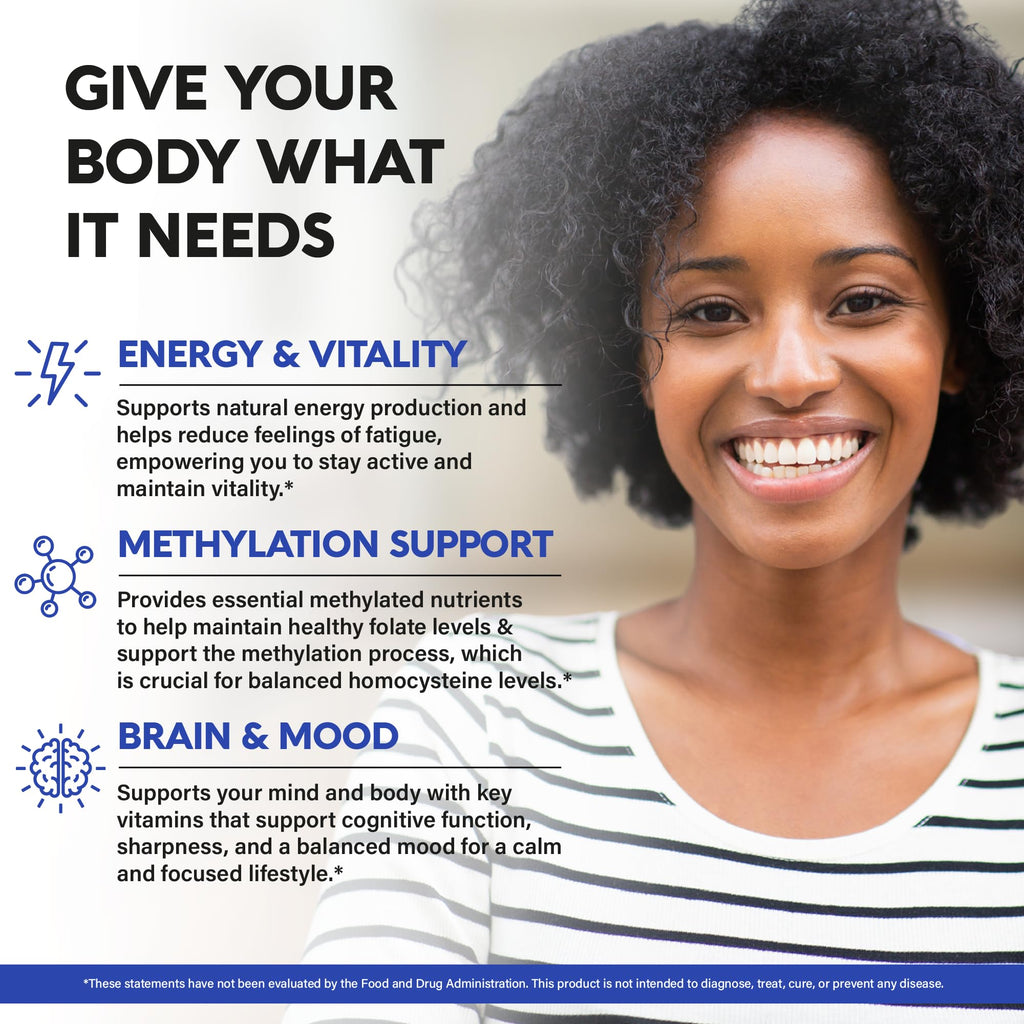 Vitamin B Complex Methylated - B-Complex with Methylfolate & B12 - Bioavailable for Men & Women - 9-in-1 Methylated Multivitamin - Energy, Brain & Mood - Vegan - Made in USA - 120 Capsules, One/Day