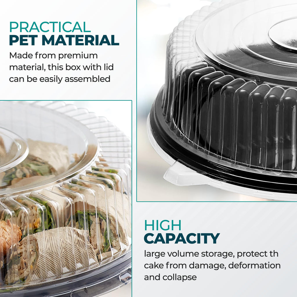 12" Catering Trays with Lids [10 Pack], Black Serving Tray with Clear Lid, Plastic Disposable Round Party Trays and Platters, Flan Containers with Lids, Dessert Sandwich Cookie Food Trays for Parties