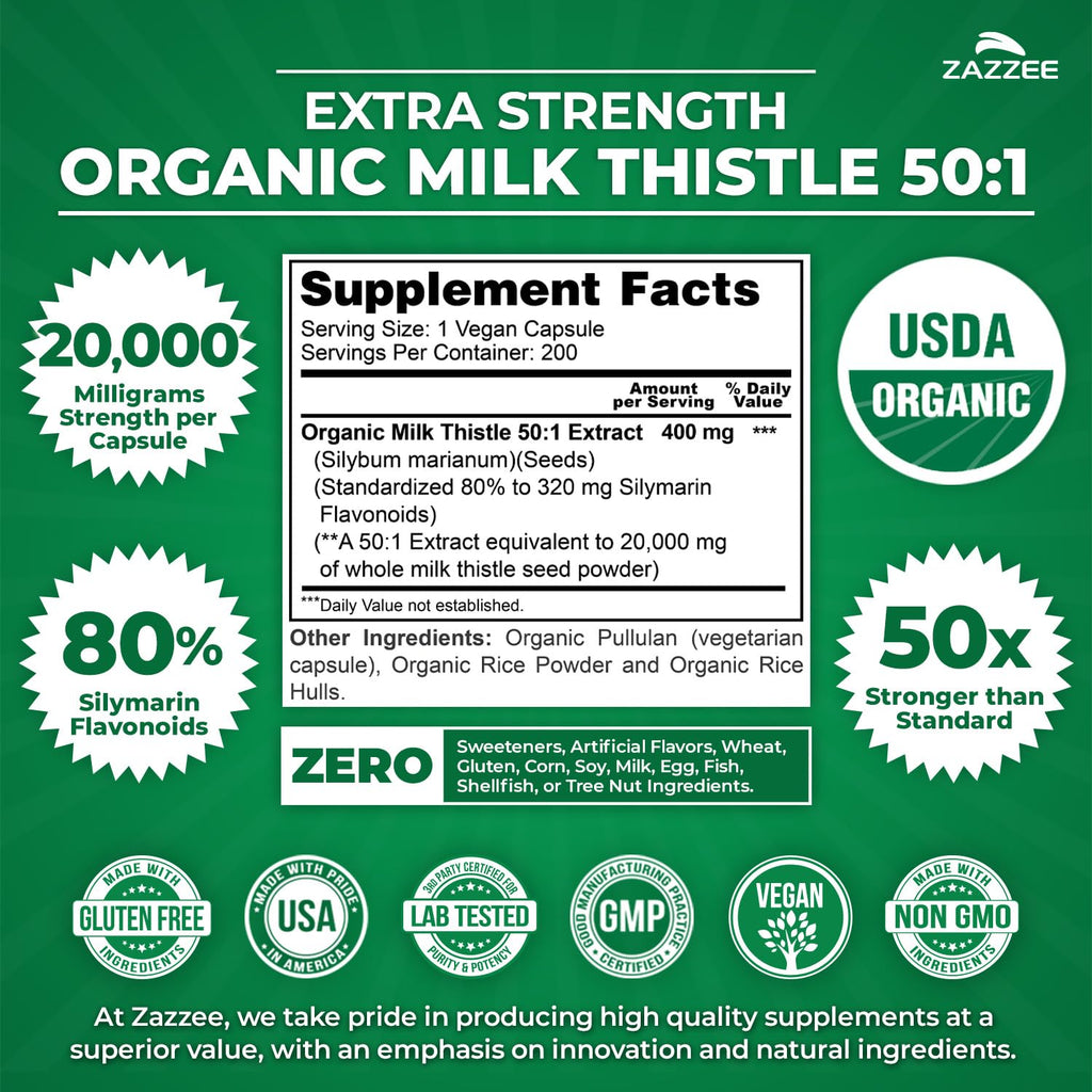 Zazzee USDA Organic Milk Thistle 50:1 Extract, 20,000 mg Strength, 200 Vegan Capsules, 80% Silymarin Flavonoids, 6+ Month Supply, Extra Strength, Liver Detox, Liver Cleanse, Non-GMO, Made in The USA