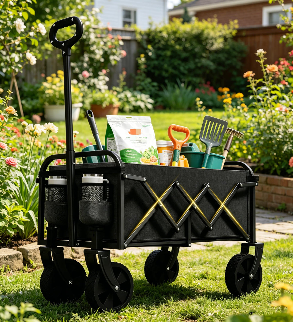 Foldable Wagon, Collapsible Wagon with Wheels, Small Wagons Cart with Flexible Handle, Portable Grocery Utility Wagons for Camping, Garden, Sports, Black