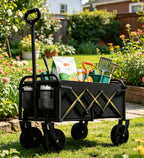 Foldable Wagon, Collapsible Wagon with Wheels, Small Wagons Cart with Flexible Handle, Portable Grocery Utility Wagons for Camping, Garden, Sports, Black