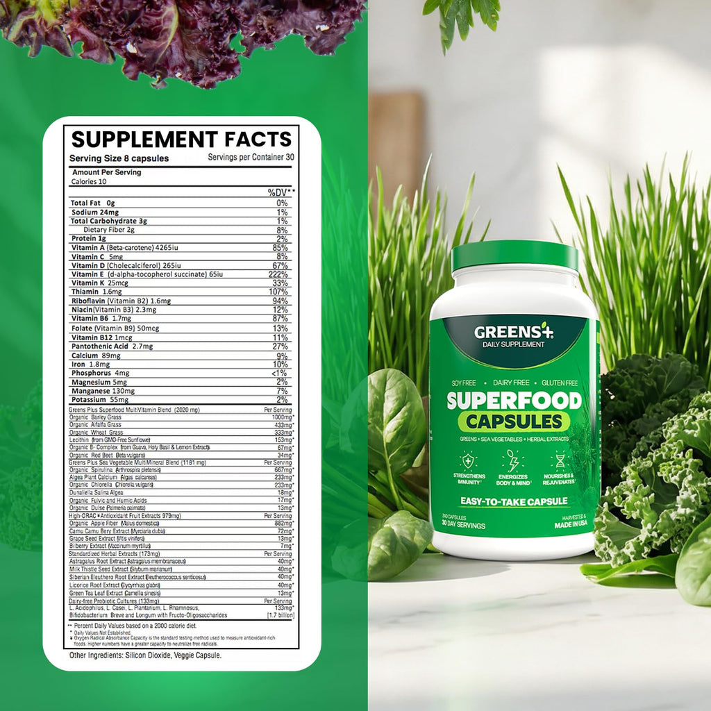 Greens+ Organic Superfood Capsules, Organic Spirulina and Chlorella, with Alfalfa & Wheat Grass, Vitamins & Minerals Supplements, Gluten-Free, Vegan, Non-GMO, 240 Count