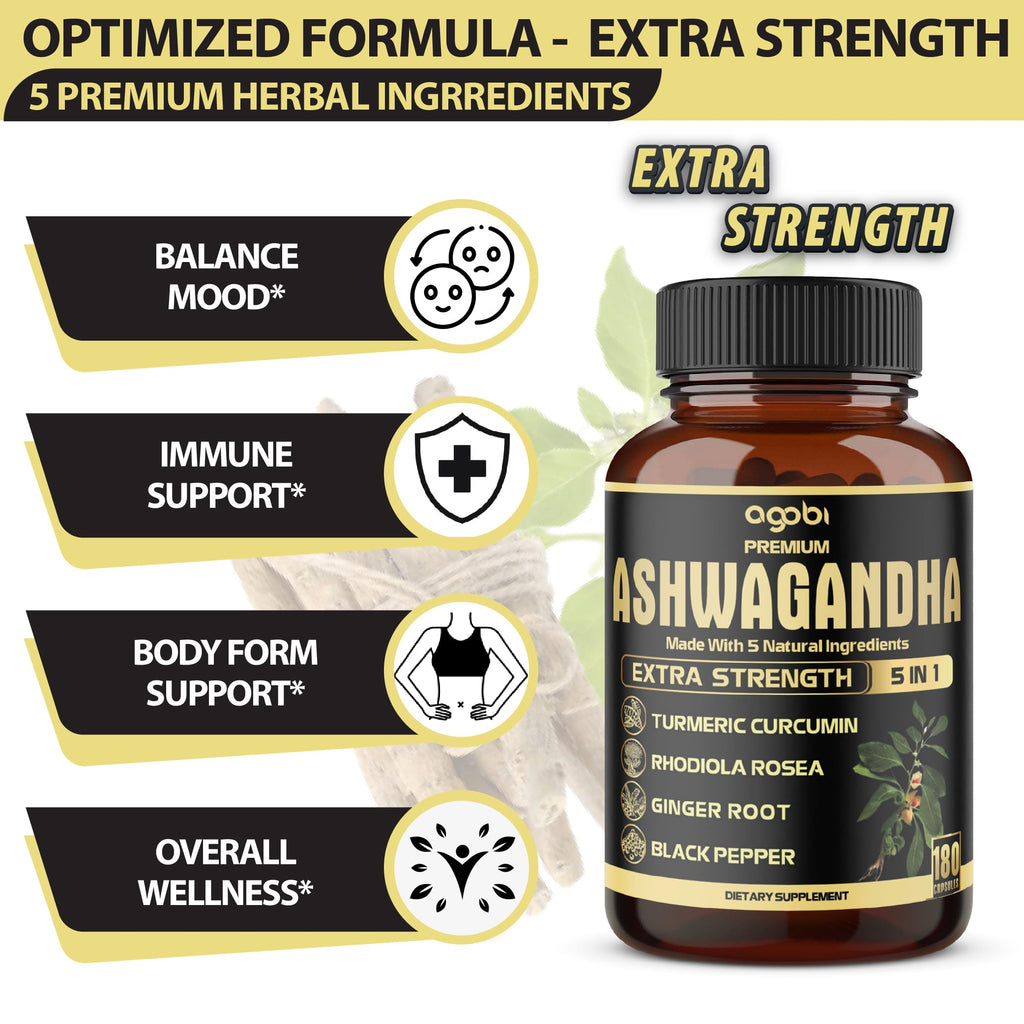 5in1 Premium Ashwagandha Capsules - Added Turmeric, Rhodiola Rosea, Ginger, Black Pepper - 180 Caps for 6 Months
