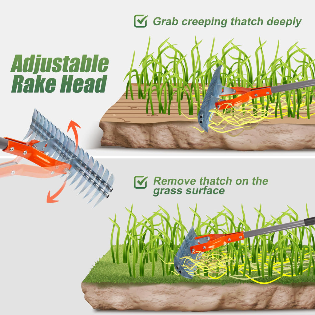 Thatch Rake for Lawn with Adjustable Handle Heavy Duty Steel Lawn Rake