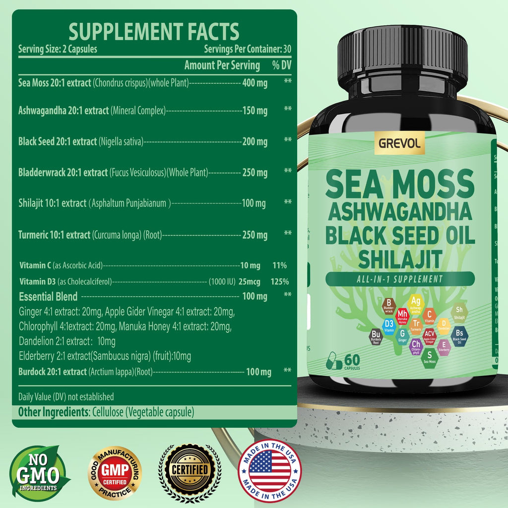 Sea Moss Ashwagandha Shilajit Black Seed Oil, Sea Moss Capsules with Burdock Turmeric Vitamins C & D3 Elderberry Ginger ACV Manuka Dandelion - 60 Count