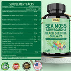 Sea Moss Ashwagandha Shilajit Black Seed Oil, Sea Moss Capsules with Burdock Turmeric Vitamins C & D3 Elderberry Ginger ACV Manuka Dandelion - 60 Count
