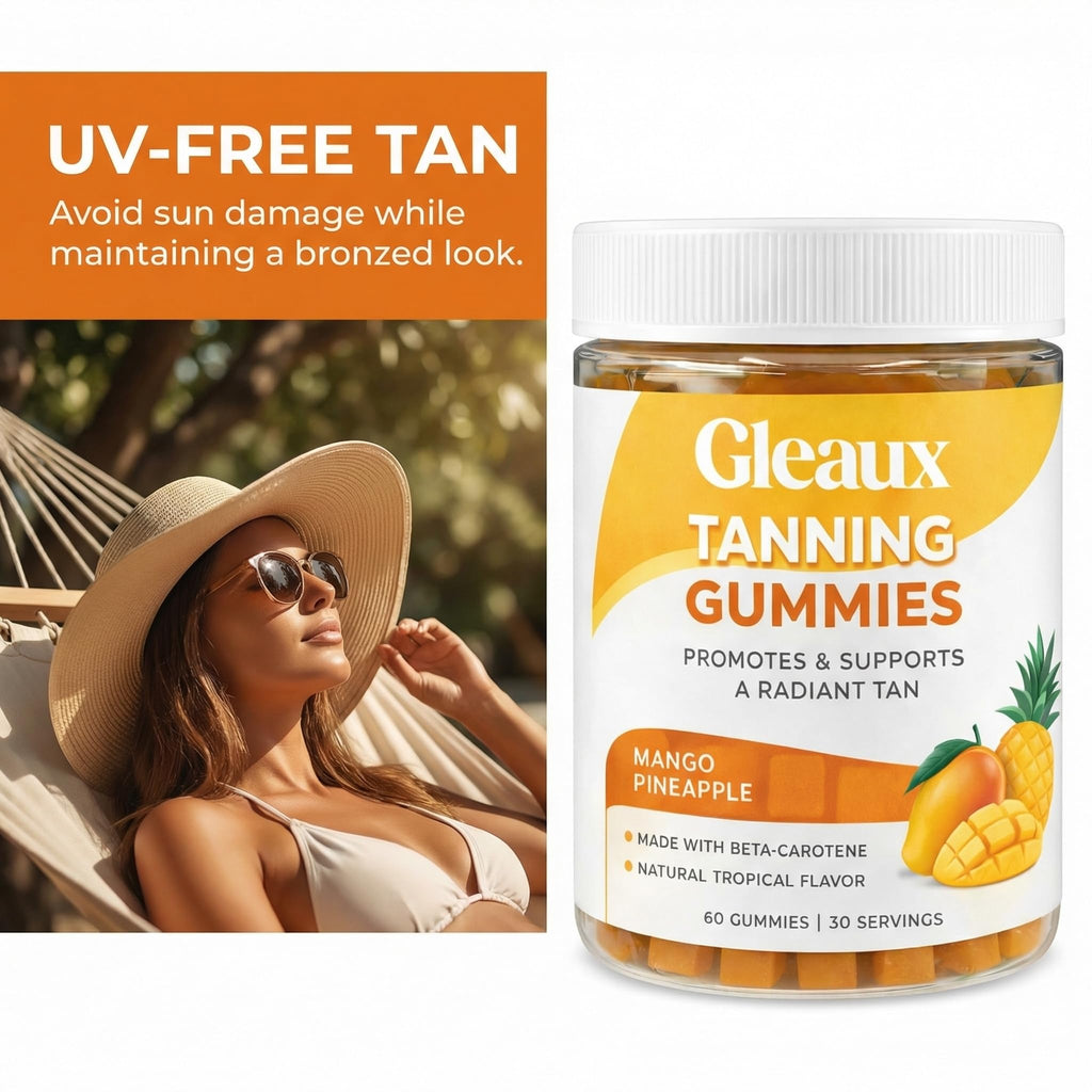 DXWXH Gleaux Tanning Gummies, Tanning Gummies for Women, Sunless Radiance Support with Beta Carotene, Astaxanthin & Lycopene, for Skin Health & Complexion Support, Mango Pineapple Flavor, 60 Gummies