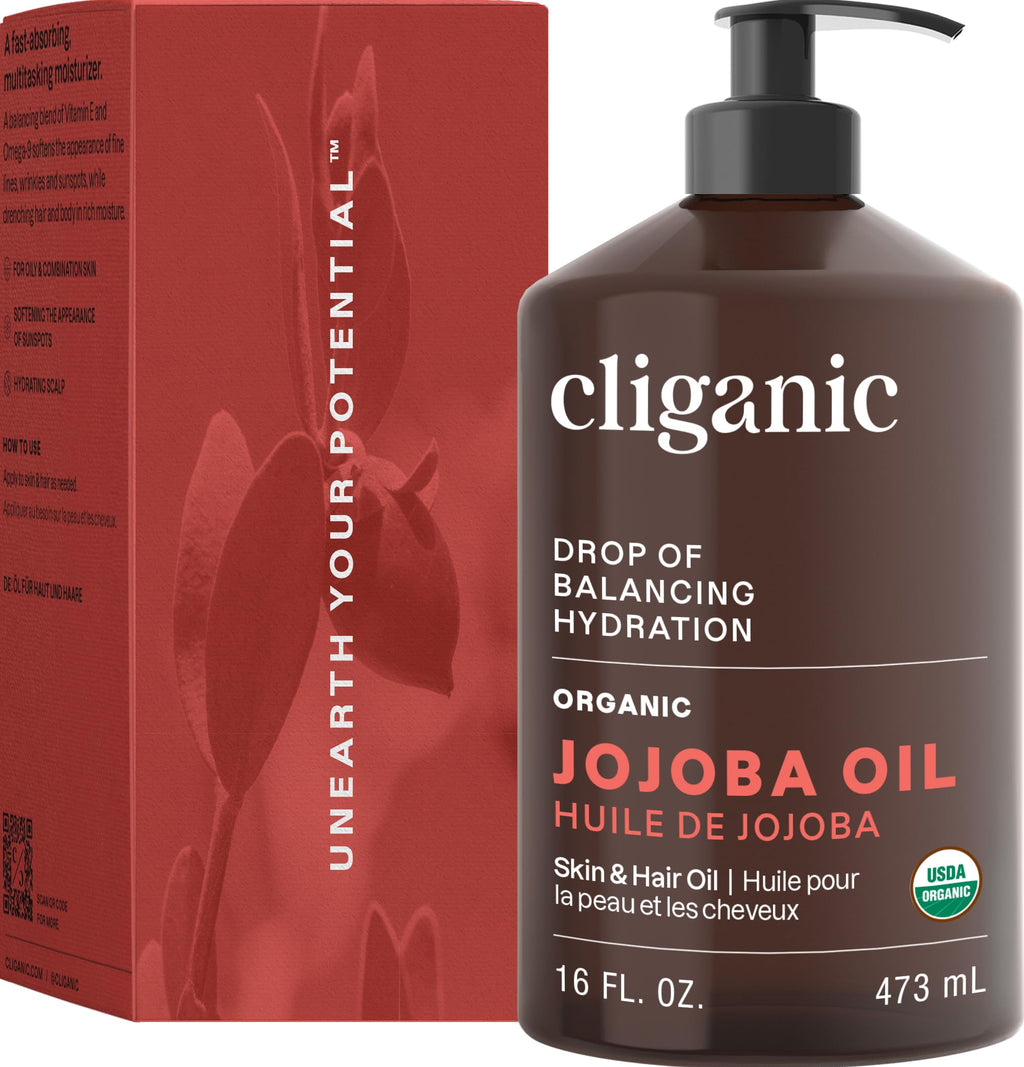 Cliganic Organic Jojoba Oil 16 oz, 100% Pure | Bulk, Natural Cold Pressed Unrefined Hexane Free for Hair & Face | Base Carrier Oil