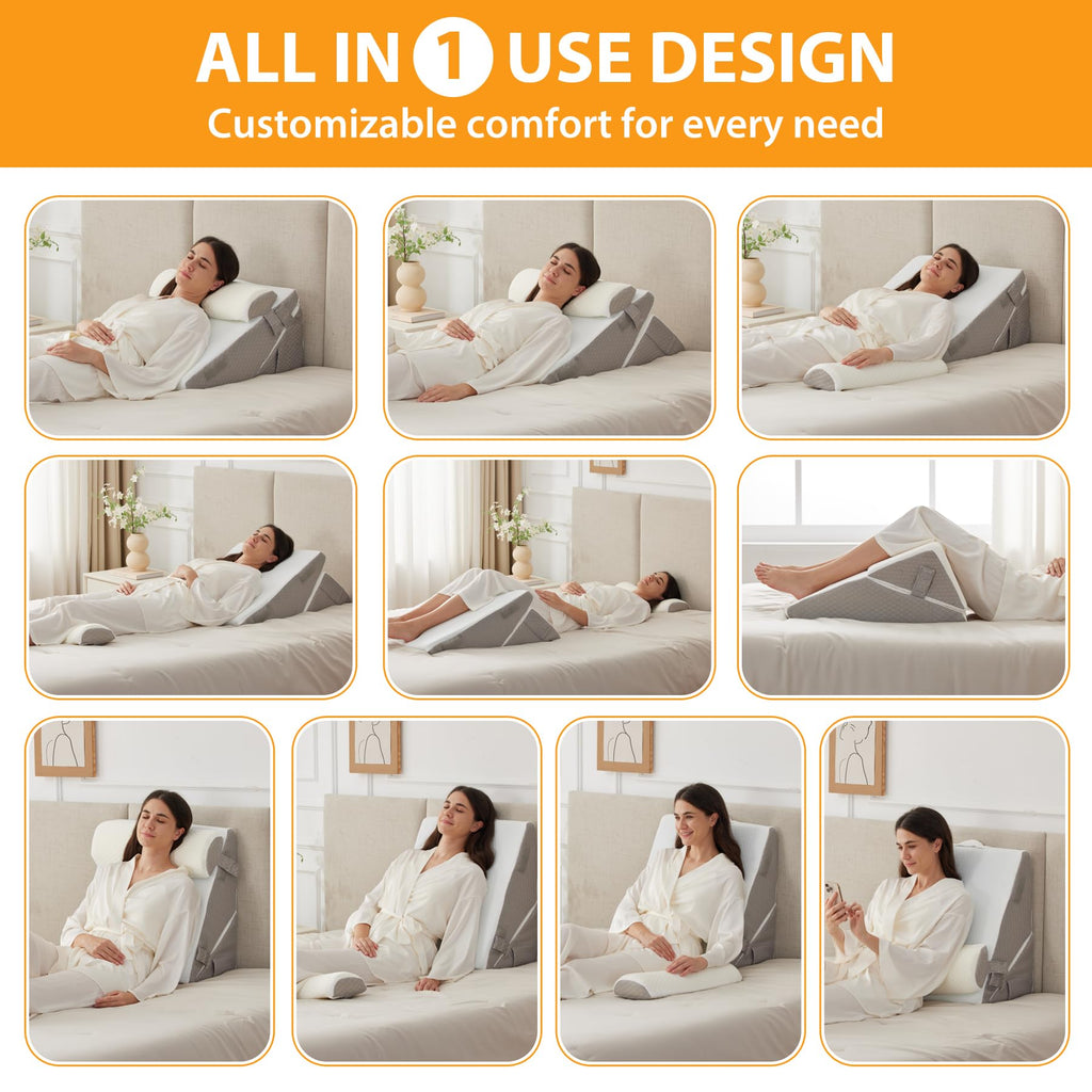 Ruqmuis 3PCS Wedge Pillow Set for After Surgery, Adjustable 9&12 Inch Bed Wedge Pillow for Sleeping, Incline Pillow Wedge for Headboard, Post Surgery, Acid Reflux, Neck&Back Support, White/Grey