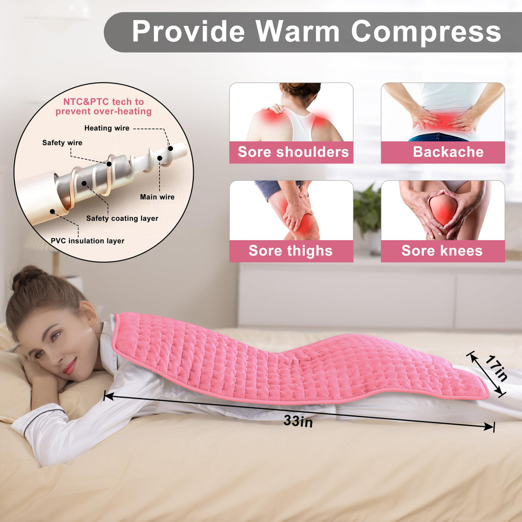 VANKADA Heating Pad Electric Heat Pad, Hot Heated Pad,Multiple Temp and Timer Settings,Suitable for Shoulders, Neck, arms, Abdomen, Back, Legs, etc. (Light Pink, 33"X17")