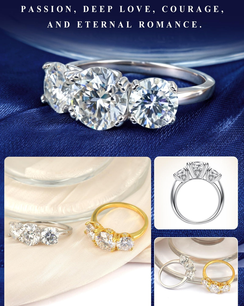 4 Carat Moissanite Rings for Women, Three Stone Moissanite Engagement Ring 14K White Gold Plated Promise Ring for Her, Round Brilliant Cut Anniversary Wedding Ring Trilogy Jewelry, D Color VVS1 (Silver, 6)