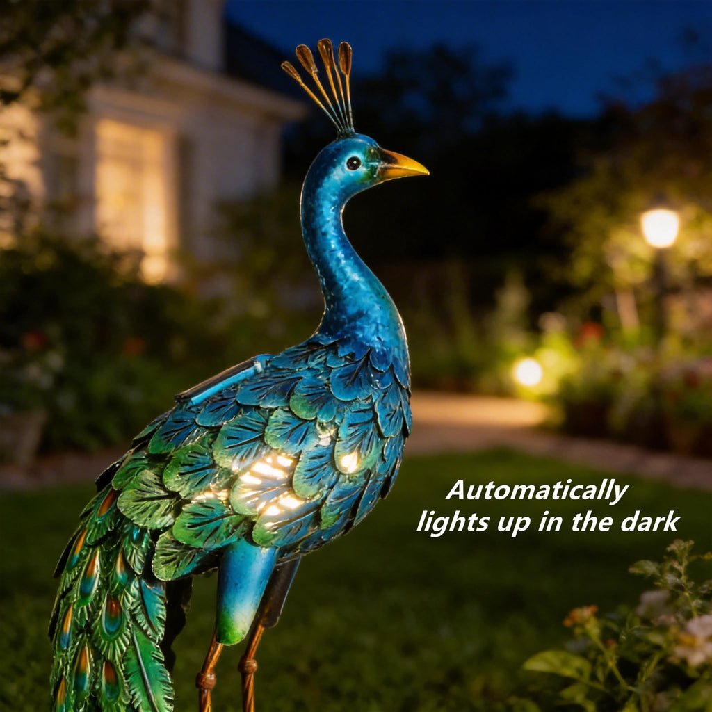 chisheen Outdoor Solar Peacock Decor Garden Statue Metal Yard Art Sculpture