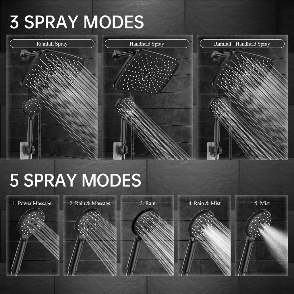 Veken 11.8 Inch Rain Shower Head with Handheld- High Pressure Dual Shower Heads with 5 Modes Hand held Spray Combo- Wide Rainfall Showerhead with Hose, Bathroom Accessories, Matte Black