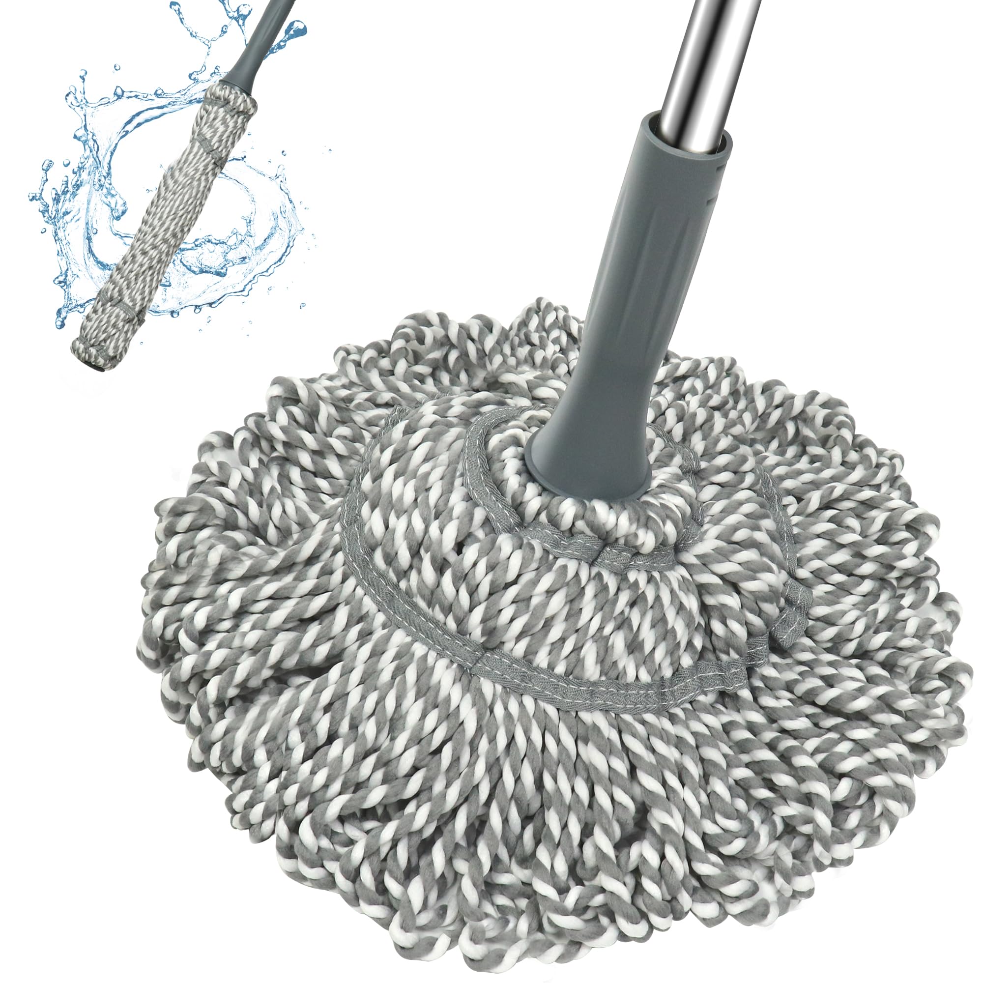 Kickleen Self Wringing Mop - Easy Squeeze Twist Mop with 52.5 Inch Long Handle, Heavy Duty for Hardwood, Tile, Vinyl & Laminate Floors (Gray)
