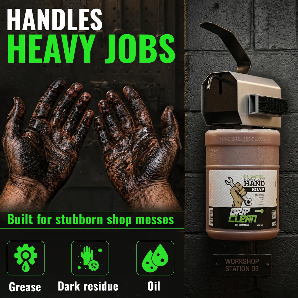 Grip Clean 4 Pk Combo – Hand Cleaner for Mechanics with Wall-Mounted Soap Dispenser + 2 Gallons Heavy-Duty Liquid Pumice Hand Soap, Natural Clay & Coconut Oil for Auto Mechanics, Industrial, & Garage