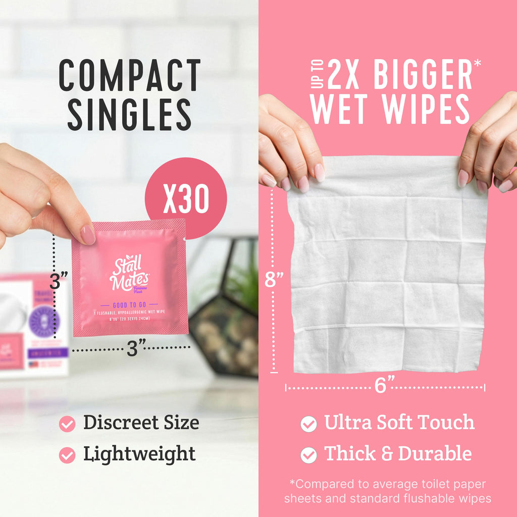 Stall Mates Wipes Feminine Fresh - Flushable | Individually Wrapped Cleansing Travel Friendly PH balanced Unscented with Sunflower, Rosemary and Aloe (90 on-the-go singles) BULK PACK