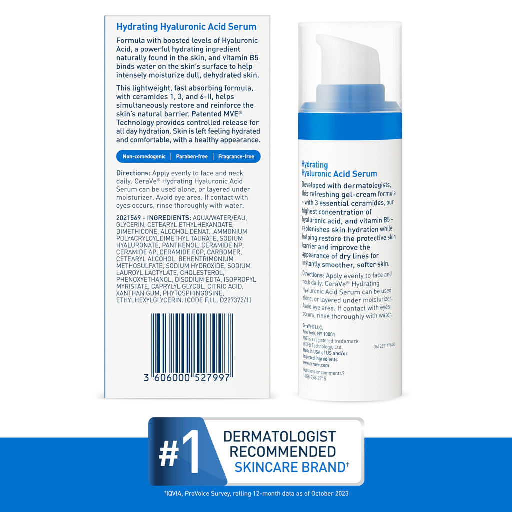 Cerave Hyaluronic Acid Serum for Face with Vitamin B5 and Ceramides, Hydrating Face Serum for Dry Skin, Fragrance Free, 1 Ounce