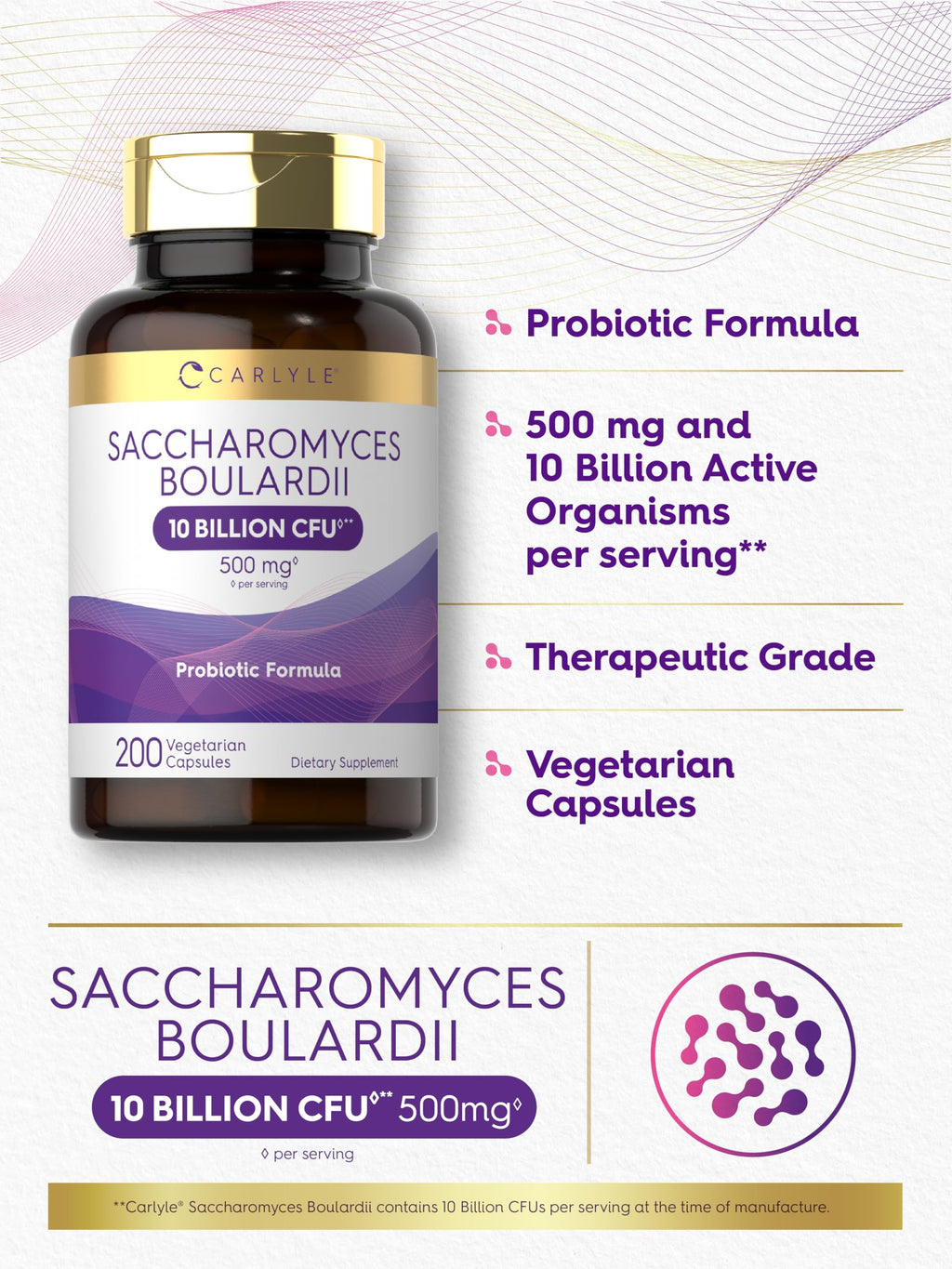 Carlyle Saccharomyces Boulardii Probiotics & Prebiotics | 10 Billion CFUs | 200 Capsules | Value Size | Non-GMO, Gluten Free Supplement