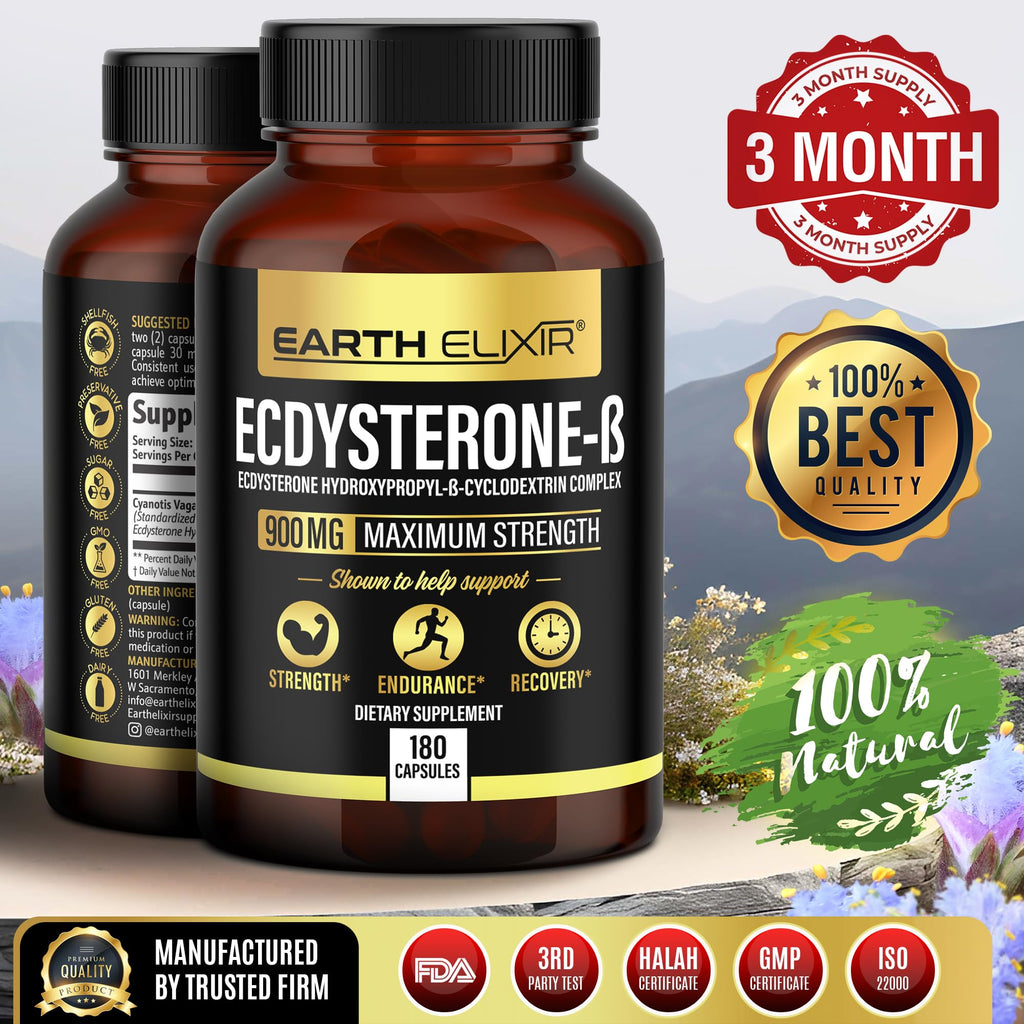 Earth Elixir Ecdysterone Supplements 900mg (180Capsules) – Made in USA - Muscle Building Supplements for Men w/ 95% Beta Ecdysterone w/Hydroxypropyl-β-Cyclodextrin for Enhanced Bioavailability