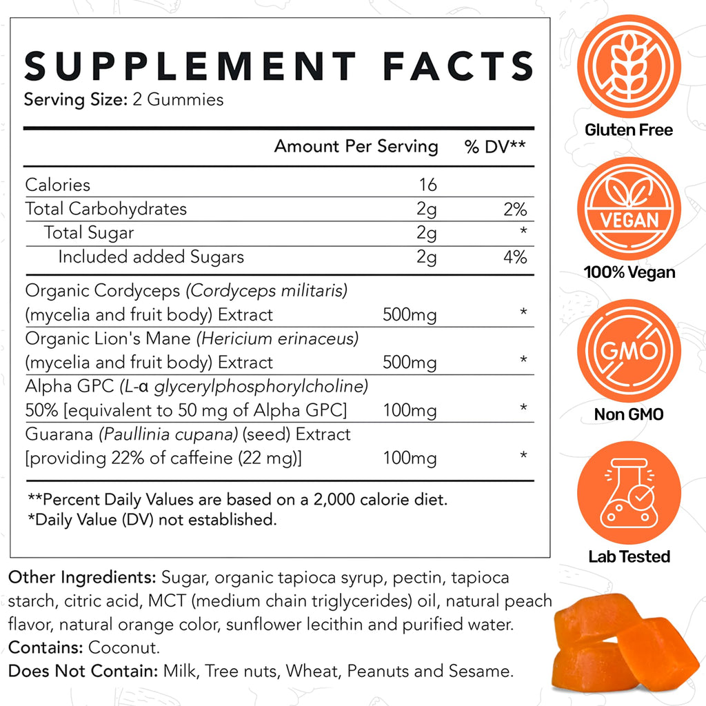 Life Cykel - AM Energy and Focus Mushroom Gummies, 10 Count - Organic Lion's Mane Gummies with Cordyceps, Guarana & Alpha GPC for Mental Clarity, Natural Energy, Endurance & Focus - Lemon Peach Flavor