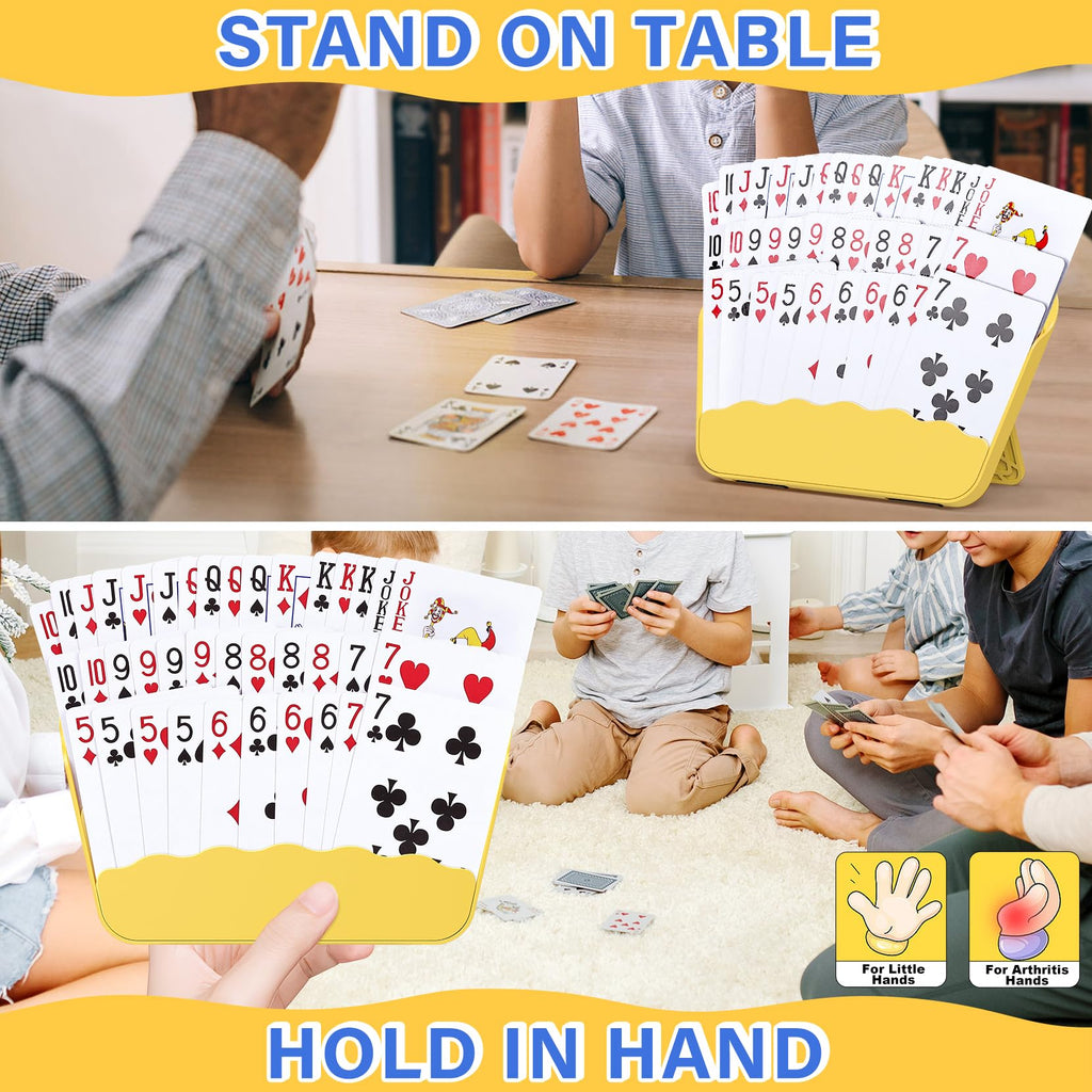 RESOVO Playing Cards Holders Stands Decks w/Foldable Tabletop Stand, 3 Layers Design for Poker UNO Cards, Playing Card Accessories, Set of 4 (2 Blue + 2 Yellow)