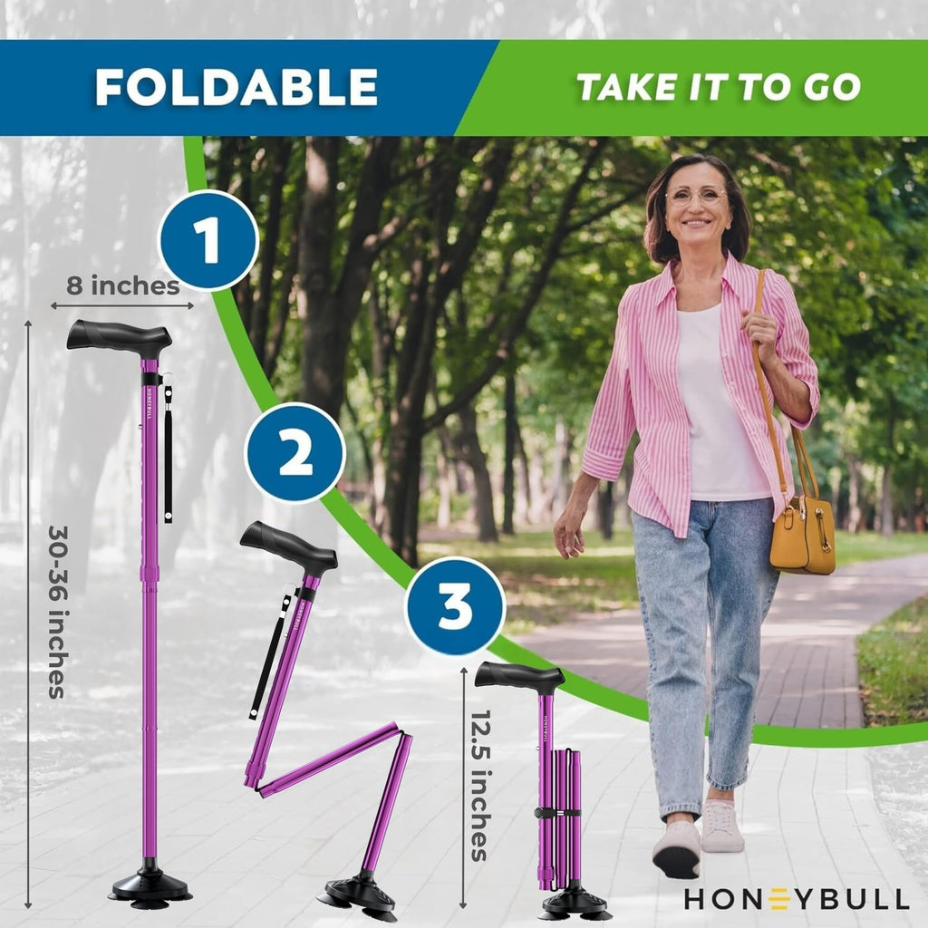 HONEYBULL Walking Cane for Women & Men Foldable, Adjustable, Heavy Duty, Free Standing, All Terrain, Collapsible Walking Sticks for Seniors & Adults (Purple)