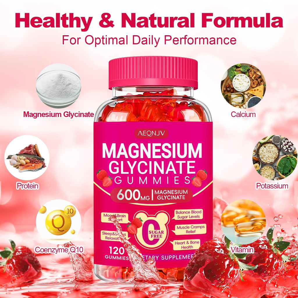 Magnesium Glycinate Gummies 600mg, Chewable Sugar Free Potassium Magnesium Gummies with Magnesium Glycinate, Vitamin D, B6 and CoQ10 for Sleep, Relaxation, Brain and Muscle, 60 Days Supply