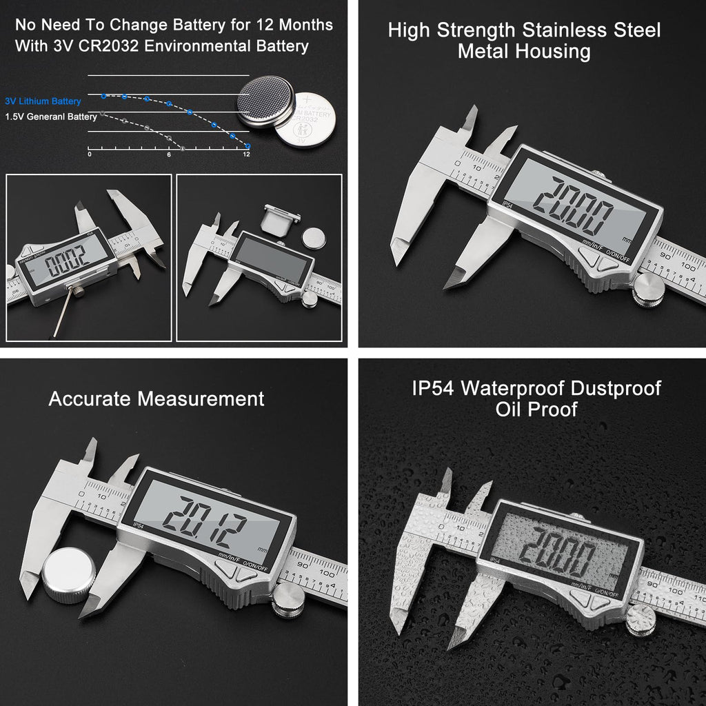 Adoric Digital Caliper, Caliper Measuring Tool Stainless Steel Vernier Caliper Digital Micrometer with Large LCD Screen, Easy Switch from Inch Metric Fraction, 0-6" Caliper Tool for DIY/Household