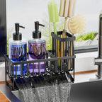 MASADI Kitchen Sink Caddy with Dish Soap Dispenser Set, 12OZ Glass Bottle, Hand and Dish Soap Dispenser Set, Non-Slip Silicone Pad, Brush Holder, Kitchen Sink Organizer Countertop (Black+Clear)