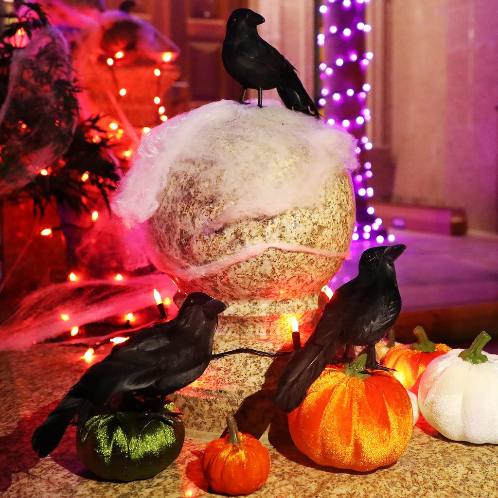 ATDAWN 6 Pack Halloween Black Feathered Crows, Realistic Halloween Birds Decoration for Spooky Décor