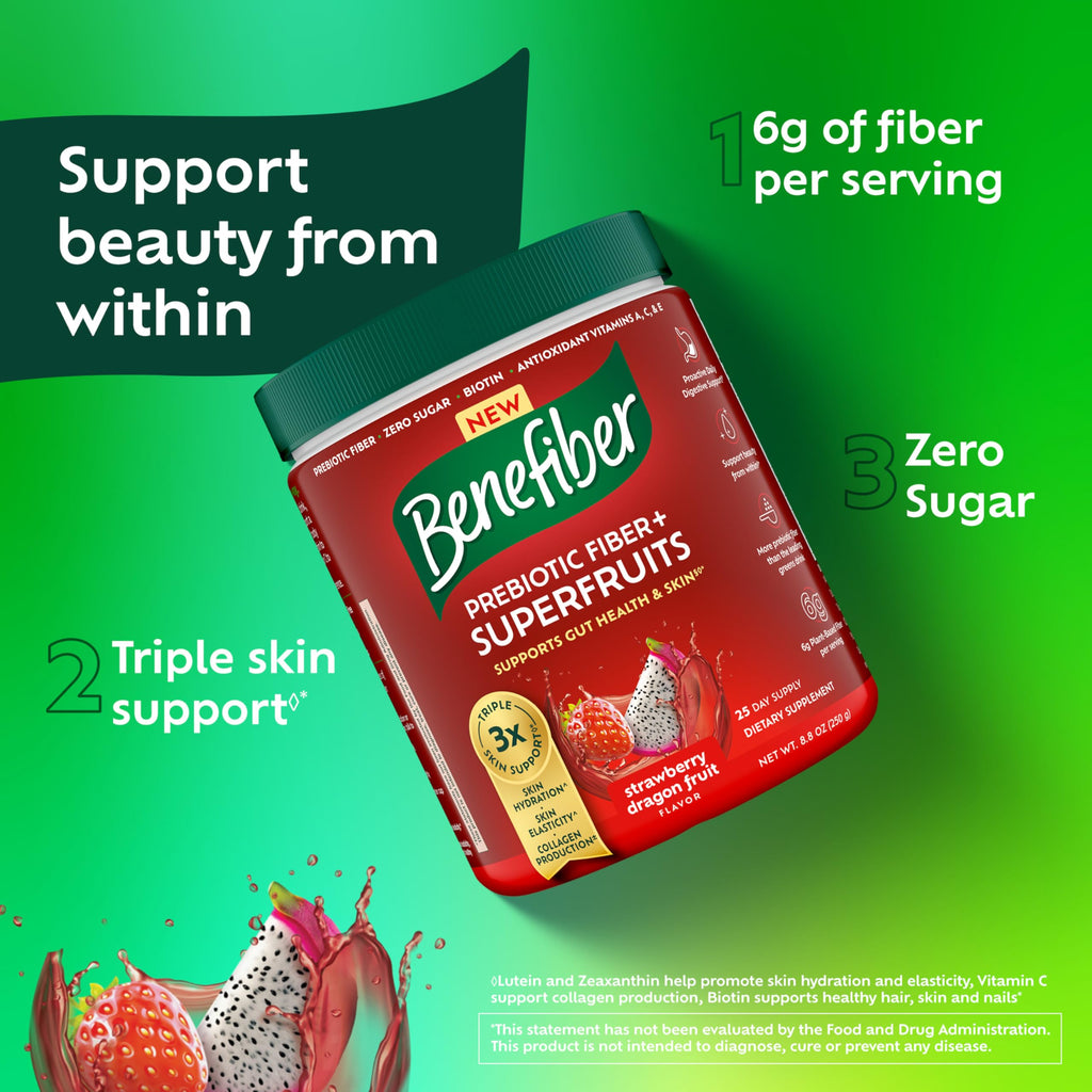 Benefiber Prebiotic Fiber + Superfruits Dietary Supplement, Strawberry Dragon Fruit Flavor, 8.8 oz (250g)