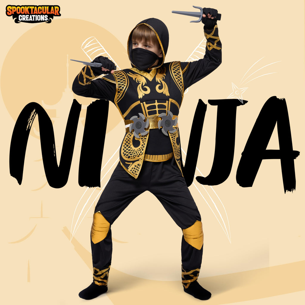 Spooktacular Creations Golden Ninja Costume Set, Ninja Jumpsuit with Foam Accessories for Kids, Toddler Halloween Outfit for Ideas Cosplay Party (Medium, 8-10 yrs)
