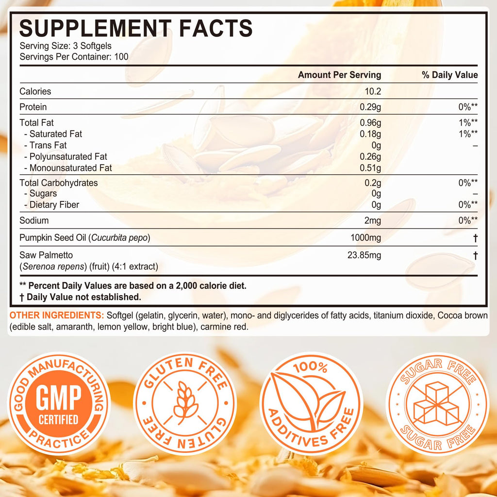Pumpkin Seed Oil with Saw Palmetto, 1000mg per Serving, 300 Softgels – Cold Pressed Pumpkin Seed Oil Capsules for Hair, Prostate, Urinary & Bladder Health – Non-GMO, Gluten-Free, Pure & Natural