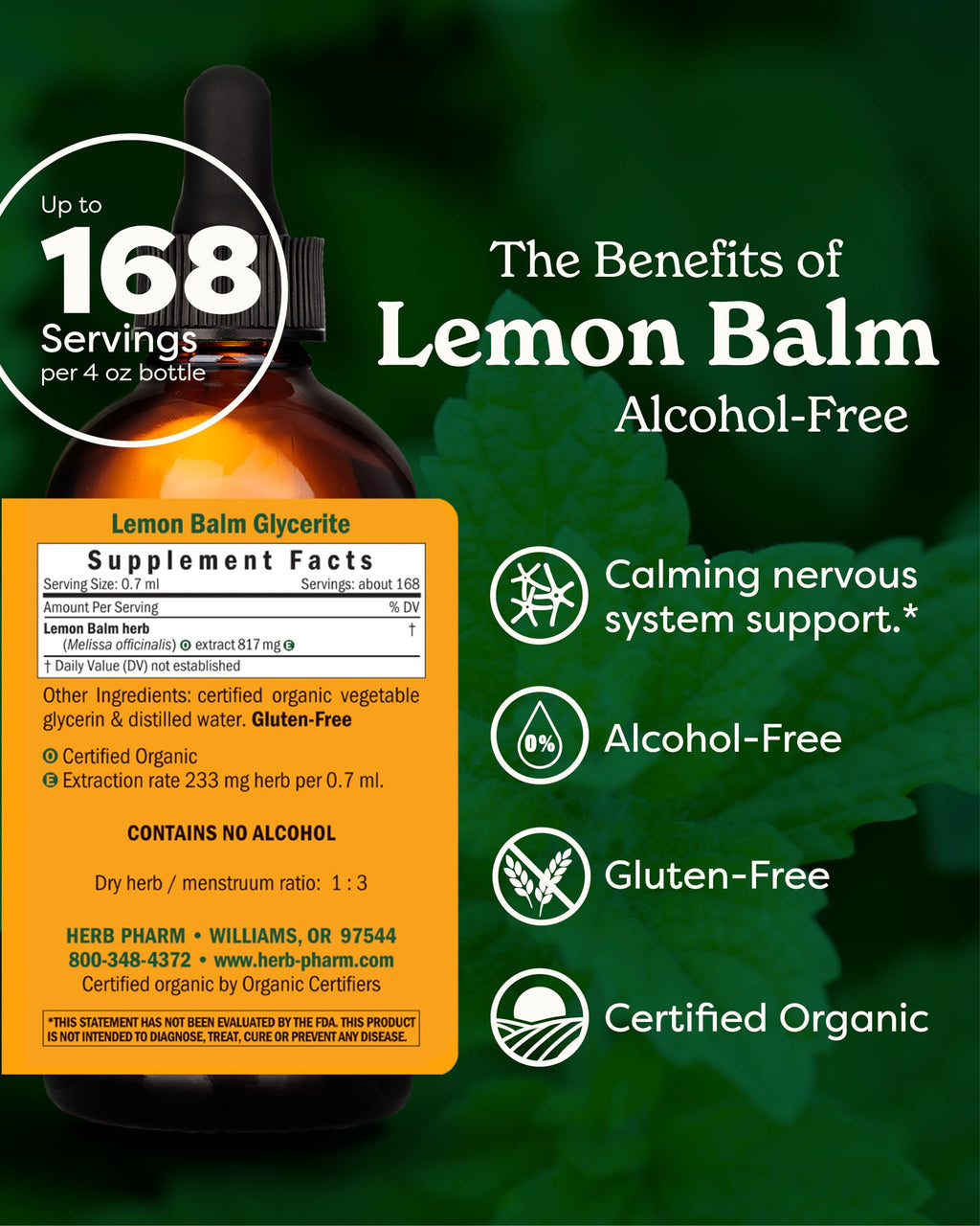 Herb Pharm Certified Organic Lemon Balm Liquid Extract for Calming Nervous System Support, Alcohol-Free Glycerite, 4 Ounce