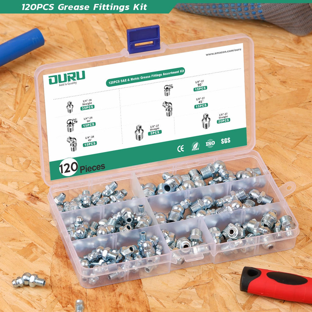 OURU Grease Fittings Assortment, 120PCS SAE Zerk Grease Fittings NPT 1/4" 1/8", Straight 45 90 Degree Grease Nipple for Grease Gun