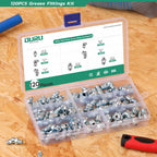 OURU Grease Fittings Assortment, 120PCS SAE Zerk Grease Fittings NPT 1/4" 1/8", Straight 45 90 Degree Grease Nipple for Grease Gun