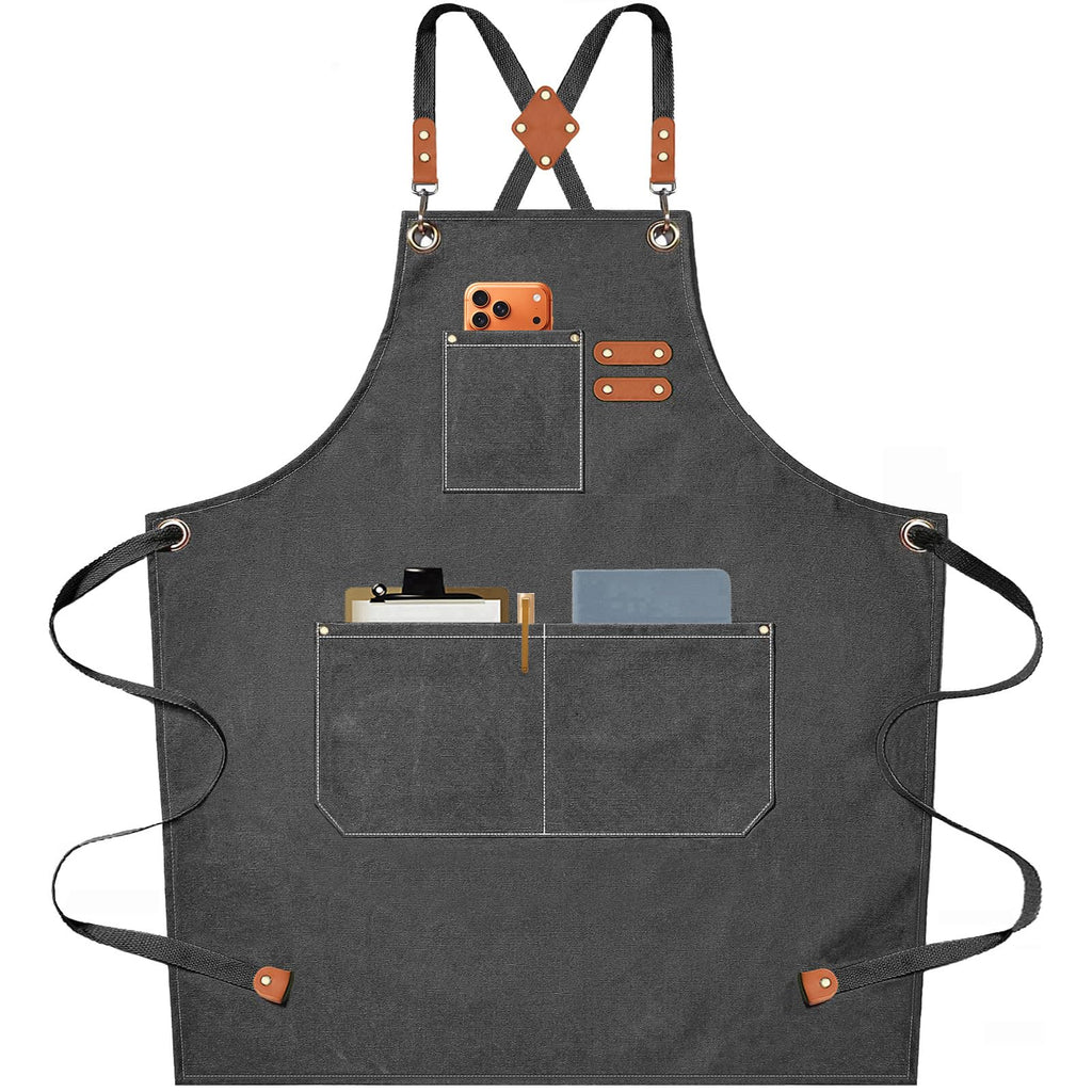 AFUN Chef Aprons for Men Women with Oversized Pockets, 16-Ounce Cotton Canvas Cross Back Heavy Duty Work Apron (Grey)