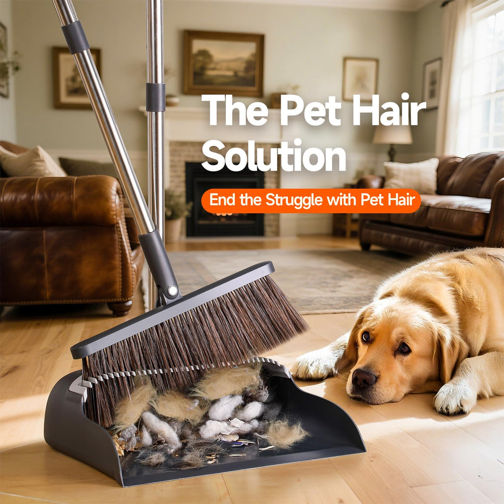 CTIME Broom and Dustpan Set, Extra Brush Head & 52" Adjustable Long Handle Standing Dustpan Set, with Dust Pan Teeth to Clean Pet Hair, Easy Sweeping Suitable for Home Kitchen Office Lobby