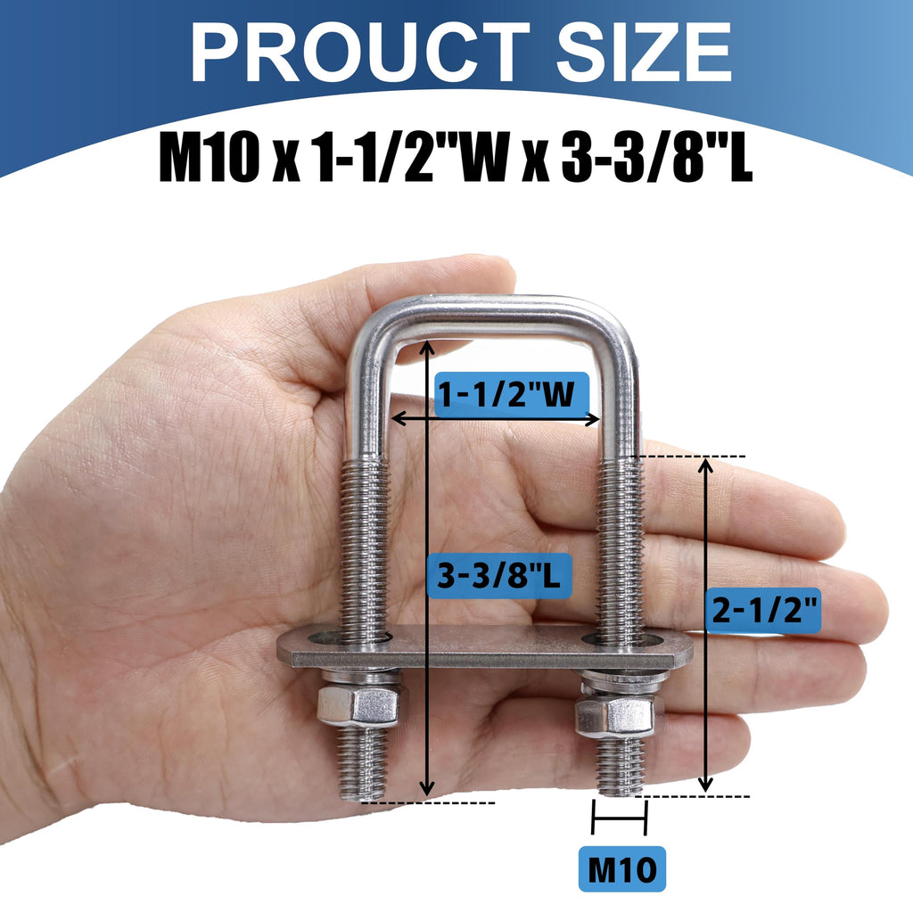 ZYUAROM 8 Pcs M10 Square U Bolts 1-1/2 Inch Wide, 3/8" x 1-1/2"W x 3-3/8"L Stainless U Bolt Heavy Duty with Nuts, Bolt Plate and Washers (8, M10 x 1-1/2"W x 3-3/8"L)