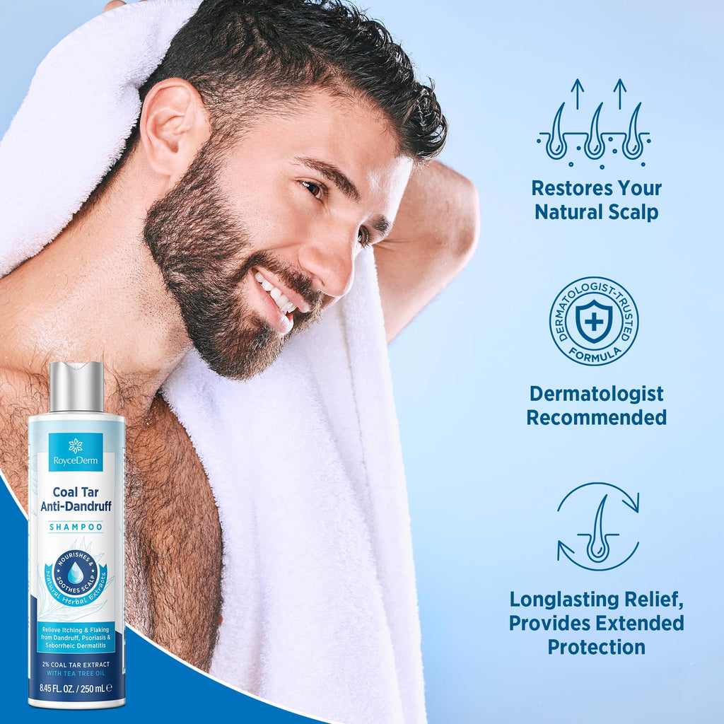 RoyceDerm Coal Tar Dandruff Shampoo: Extra Strength 2% Coal Tar Extract Medicated Gel for Rapid Scalp Hair Relief targets dandruff, psoriasis, and seborrheic dermatitis - Hydrating & Natural Fragrance