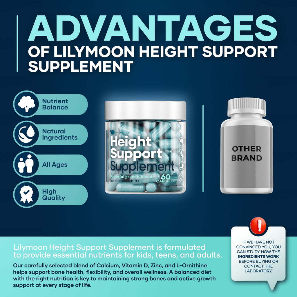 Height & Bone Support Supplement - Premium Height Growth Supplement for Kids & Teens with Calcium - Nutritional Support Bone Health Formula - Height Increase Essential Vitamins - 60 Caps