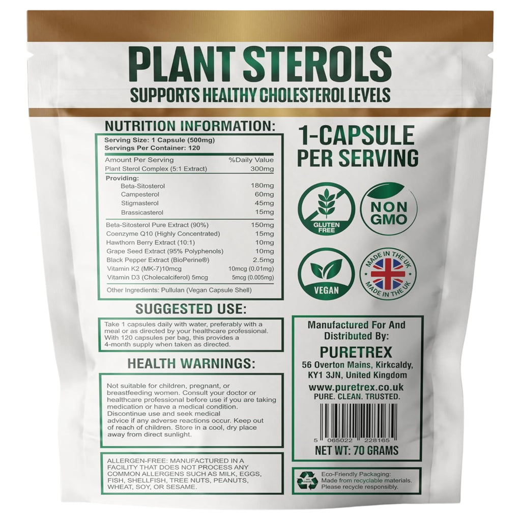 PURETREX Plant Sterols Complex with Beta-Sitosterol, CoQ10, Hawthorn Berry & Grape Seed Extract, 120 Vegan Capsules, Cardiovascular Wellness & Cholesterol Balance Daily Support, Non-GMO, UK Made