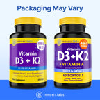 InnovixLabs Vitamin D3 K2-5000 IU Vitamin D3 Plus 600 mcg Vitamin K2 MK4 and MK7 for Max Calcium Absorption, Supports Bone, Immune, Heart Health, 3rd Party Tested, Gluten Free, 60 Softgels